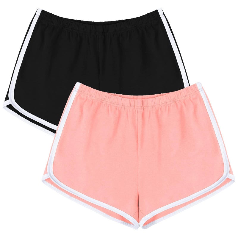 URATOT Women's Cotton Shorts Gym Shorts Yoga Shorts Summer Running Active Shorts Dance, Pack of 2 Black, Pink - Image 1
